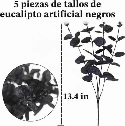 Vista 2 de Tinsow 5 tallos de eucalipto artificiales negros, ramas de eucalipto sintético, hojas negras, centro de mesa de Halloween, decoración del hogar