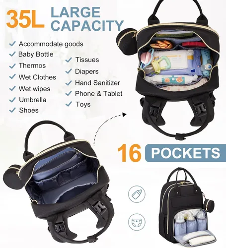 Vista 3 de MOONBABY Mochila para pañales, bolsas de pañales para bebés con cambiador portátil y estuche para chupete, mochilas multifuncionales para pañales