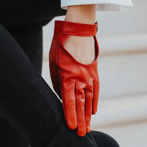 Vista 5 de Harssidanzar Guantes de conducción de cuero para mujer, guantes de cuero de oveja finos sin forro para pantalla táctil KL021