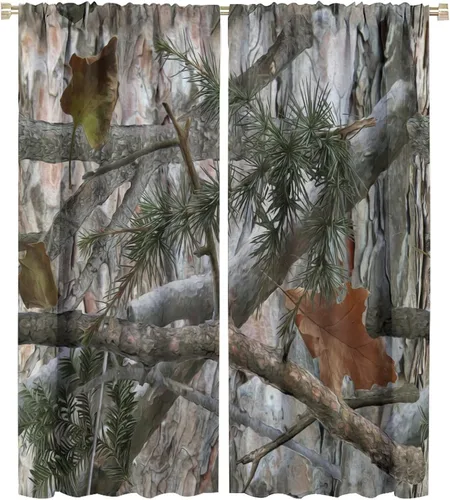 Vista 17 de Cortinas opacas de camuflaje de bosque, animales salvajes, osos, ciervos, alces, con bolsillo para barra, para sala de estar, dormitorio, decoración