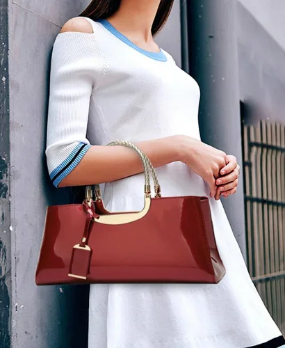 Vista 3 de Bolso de mano de cuero vegano brillante para mujer, bolso de hombro grande para mujer, bolso de mano de noche, bolso de mano para fiesta