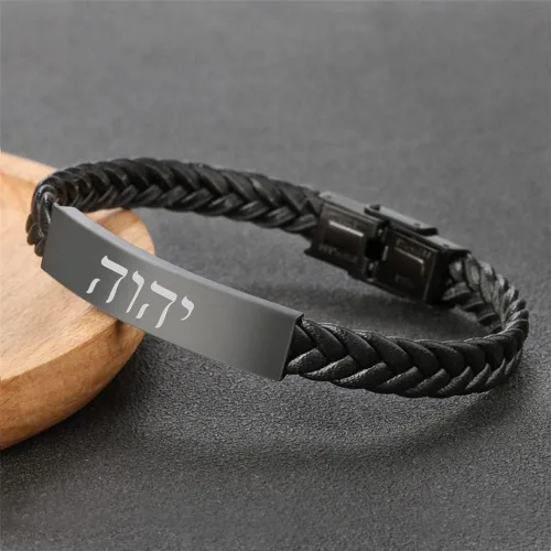Vista 4 de Pulsera delicada de piel tetragrammaton con nombres negros de Dios YHWH para Israel, Biblia hebrea cristiana, Señor Jehová, brazalete de protección