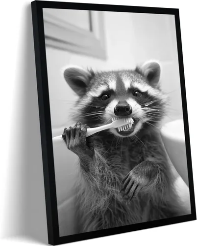 Vista 13 de Arte de pared de lienzo enmarcado para baño con oso negro tierno, decoración divertida para baño con animales, adorable oso con papel higiénico