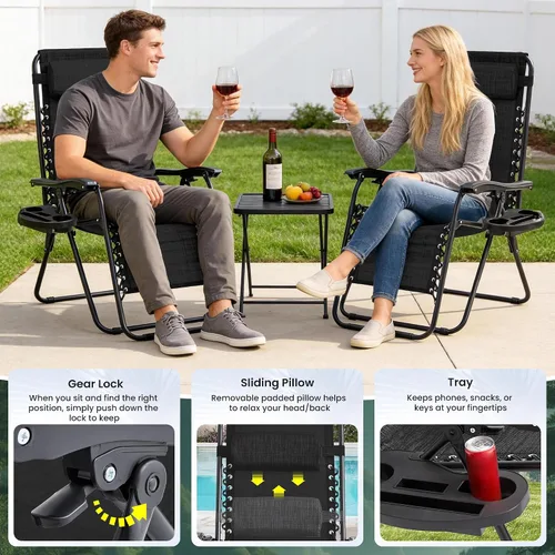 Vista 6 de Zero Gravity - Juego de 2 sillas reclinables plegables de gran tamaño, acolchadas antigravedad con almohada ajustable y portavasos para campamento