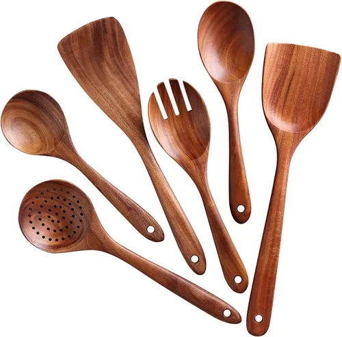 Vista 8 de Cucharón de madera para sopa, cucharas de madera de teca natural de 3 tamaños para cocinar, cuchara de madera antiadherente, cucharas de madera