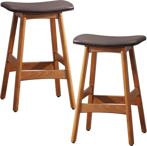 Vista 8 de Homelegance Mid-Century Taburete de altura de mostrador, juego de 2, marco de madera maciza, asiento tapizado de piel sintética, reposapiés, isla
