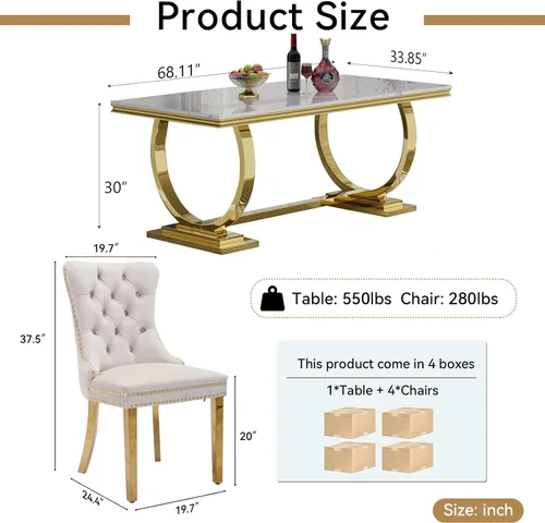 Vista 9 de Juego de mesa de comedor de mármol para 4, mesa de cocina rectangular de mármol blanco de 70 pulgadas con base en O de acero inoxidable dorado