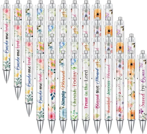 Vista 8 de Sabary 20 bolígrafos con versículo bíblico, con frases inspiradoras de flores cristianas, divertidos bolígrafos retráctiles de tinta para oficina