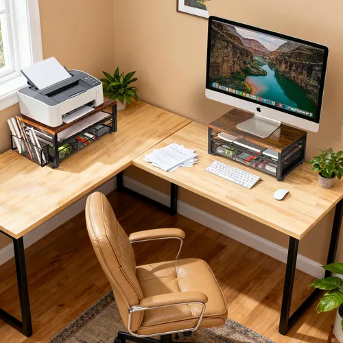 Vista 5 de ARCOBIS Elevador de monitor con cajones y soportes para bolígrafos, soporte para monitor de computadora de metal de madera y malla