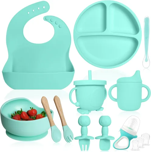 Vista 8 de Bluet B - Set de alimentación de bebé de silicona con chupete - Suministros de destete LED para bebés - Cucharas para bebés, cuenco de succión Gris