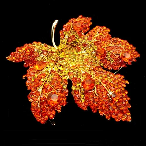 Vista 8 de Vintage elegante completo micro pavimentar amarillo naranja rojo cristal grande hoja de arce broche pin otoño joyería
