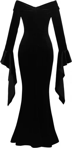 Vista 3 de VAFADRESS Morticia Addams - Vestido de disfraz para Halloween, hombros descubiertos, manga larga, maxi vestidos de fiesta