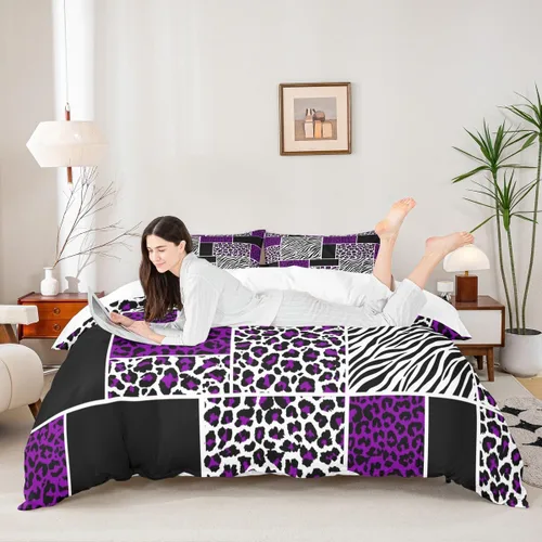 Vista 19 de Juego de funda de edredón con estampado de leopardo, tamaño individual, juego de ropa de cama rústica con rayas de piel de cebra, decoración