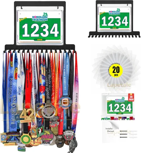 Vista 6 de Colgador de medallas para carreras, exhibición de medallas de maratón y colgador de medallas para corredores, exhibición de medallas con dorsal