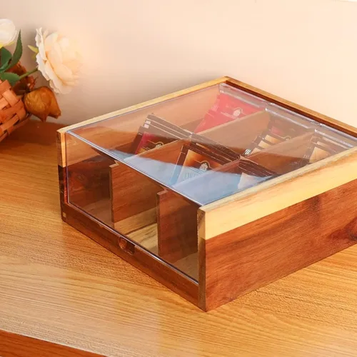 Vista 8 de HTB Organizador pequeño de madera de acacia con 3 compartimentos y 6 compartimentos para bolsitas de té