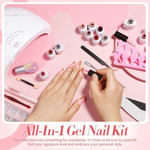Vista 4 de Born Pretty Kit de 28 esmaltes de uñas de gel de gelatina con lámpara de uñas UV de 48 W, 12 colores, rosa gelatina, nude, neutro, juego de esmalte