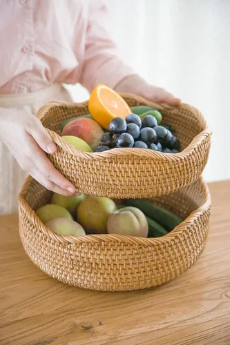 Vista 5 de HITOMEN Cestas de pan de ratán hechas a mano, cestas redondas de mimbre para frutas, tazones de almacenamiento de servicio, naturales, decorativas