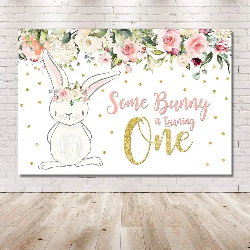 Vista 6 de MEHOFOTO - Telón de fondo para fiesta de cumpleaños de 8 x 6 pies, diseño floral rosa con purpurina dorada con texto en inglés "Some Bunny One Girl