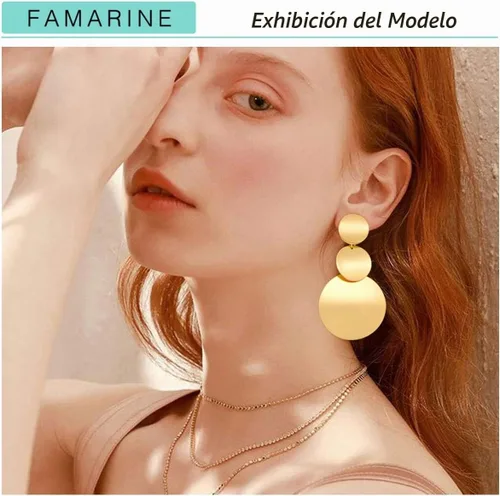 Vista 3 de FAMARINE Pendientes colgantes de disco dorado y plata para mujer