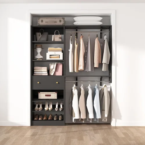 Vista 9 de Sistema de armario con cajón: sistema organizador reversible de madera de 5 pies con 2 varillas para colgar y estante ajustable, organizadores