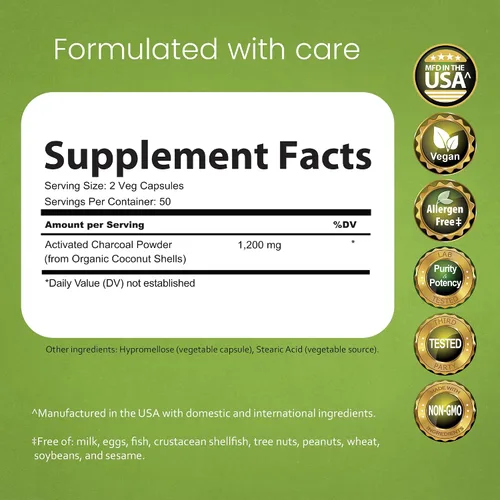 Vista 2 de NaturaLife Labs Carbón activado 1200 mg por porción - de cáscaras de coco - 100 cápsulas vegetales - Sin OMG, sin gluten, vegano (2)