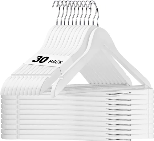 Vista 24 de HOUSE DAY - Paquete de 10 perchas de madera negra, percha de madera maciza con barra antideslizante para pantalones, percha de abrigo de madera Negro