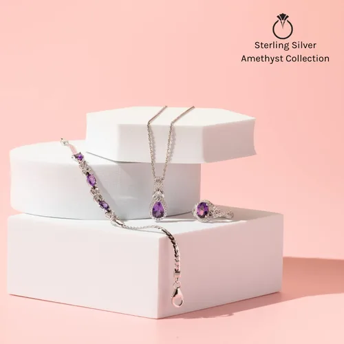 Vista 5 de Peora Collar con colgante de gota solitario de amatista para mujer, plata de ley 925, piedra preciosa natural, 1.50 quilates de corte trillón