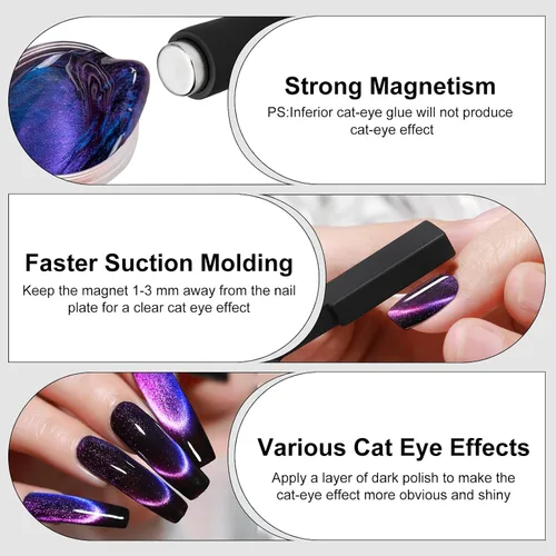 Vista 5 de Herramienta de imán de uñas 5 en 1, bolígrafos magnéticos de uñas fuertes con funda protectora de silicona, barra magnética multifuncional 3D de ojo