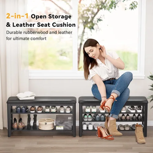 Vista 3 de Banco de almacenamiento de zapatos de entrada con cojín de cuero, banco organizador de zapatos para entrada, ideal para pasillos, puertas