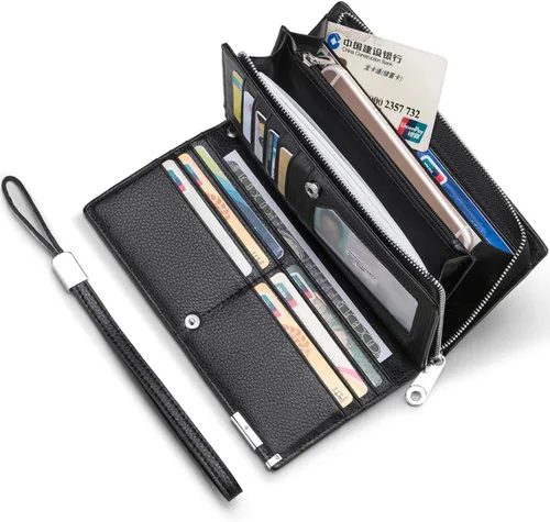 Vista 2 de Huztencor Billeteras largas para hombre de cuero RFID bloqueo billetera plegable con cremallera