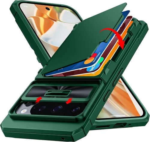 Vista 10 de CENMASO - Funda para Google Pixel 9 Pro XL con tarjetero (4 tarjetas), funda deslizante para cámara y función atril, bloqueo RFID, protección