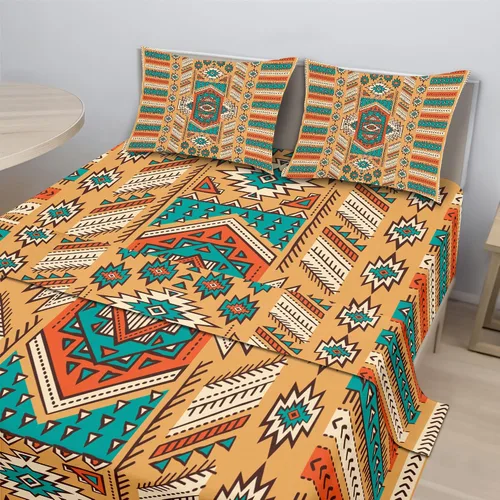 Vista 3 de Ambesonne Tribal Sheet Set, Secret Tribe Pattern in Bohemian Style, Fitted and Flat Sheet with Pillowcases Bedding Accent 4 Piece Set, Queen