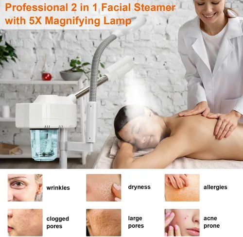 Vista 4 de Vaporizador facial 2 en 1, vaporizadores faciales profesionales con lámpara de aumento 5X, vaporizador facial para esteticista, vaporizador facial