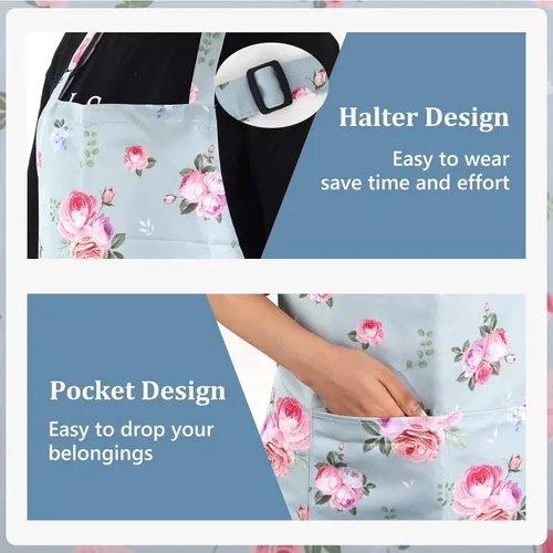 Vista 4 de 2 Pack Floral Apron, Adjustable Waterproof Aprons with 2 Pockets Cute Apron for Kitchen, Baking for Mom Wife Sister