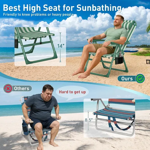 Vista 3 de Suteck Sillas de playa tipo mochila para adultos, paquete de 2, silla reclinable plegable de 6 posiciones con bolsa enfriadora y soporte para tazas