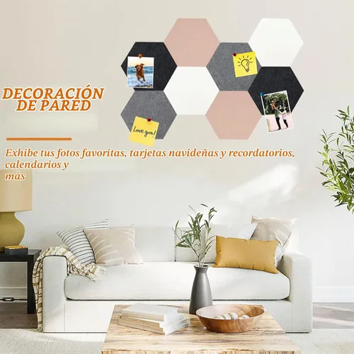 Vista 4 de 8 Piezas Azulejos Hexagonales de Tablero de Corcho de Fieltro, Autoadhesivos DIY Tablero de Anuncios Tablero de Clavijas para Oficina Escuela Hogar