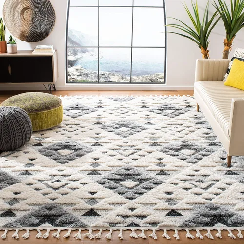 Vista 10 de SAFAVIEH Alfombra marroquí con borlas, 2 x 3 pies, marfil y marrón, no desprende pelusa y fácil de limpiar, textura alta y baja, ideal