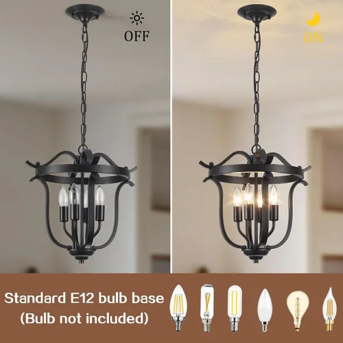 Vista 5 de Candelabro negro de granja, 4 lámparas de techo para comedor Lámpara colgante de jaula vintage para comedor, cocina, entrada, pasillo, vestíbulo