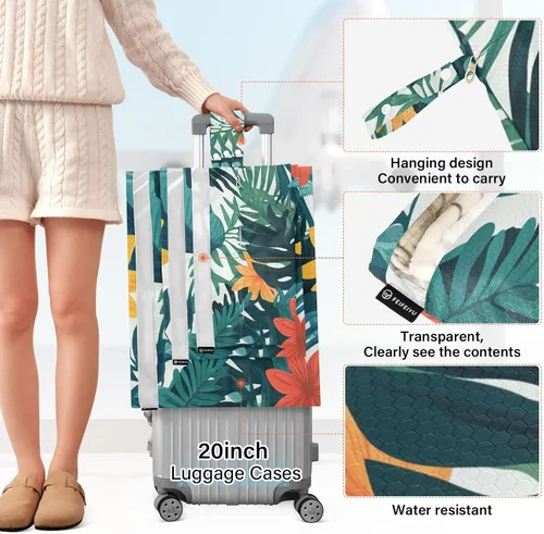 Vista 2 de Tropical Style Green Leaves Flower 3 Set Packing Travel Bags Waterproof Storage Bags For Closets Saver Travel Bags Organizers For Bedroom