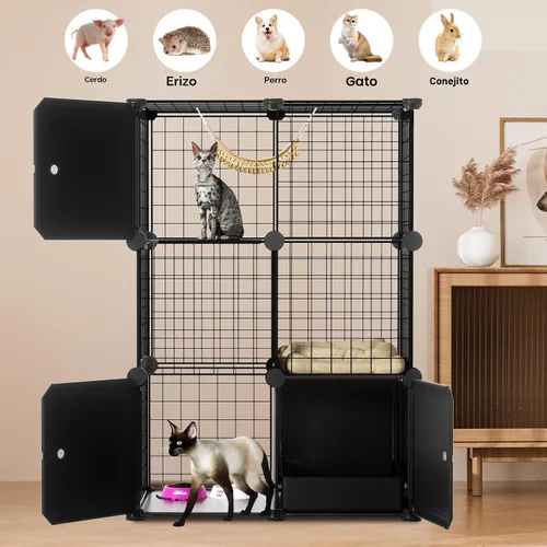 Vista 8 de PAWING Recinto para gatos para interiores con caja de arena, jaula de alambre de metal de 3 niveles, diseño desmontable para gatos, gatitos