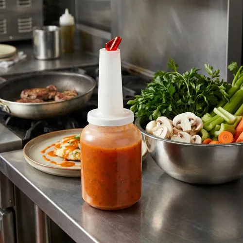 Vista 4 de Restaurantware Bar Juice Pour Bottle - 1 paquete - Bar Lux - Botella de plástico de 2 cuartos de galón con boquilla y tapa cónica roja, codificada