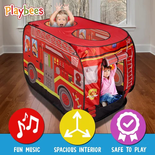 Vista 4 de Playbees Tienda de Campaña Musical Emergente de Camión de Bomberos con 3 Aberturas - Tienda de Juego de Rol de Bombero - Sirenas y Sonidos