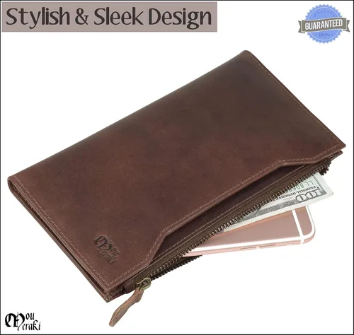 Vista 4 de Mou Meraki Cartera larga con bloqueo RFID de cuero genuino - Vintage Bifold para hombres