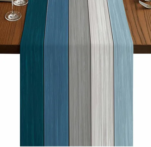 Vista 25 de Vandarllin Camino de mesa de lino y algodón estilo rústico retro, textura de madera de granero, color degradado, azul aguamarina, gris