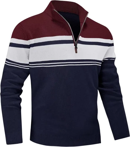Vista 11 de MAGNIVIT Suéter para hombre, con cremallera de un cuarto, a rayas, para otoño, invierno, primavera, bloque de color, polo, sudaderas Negro