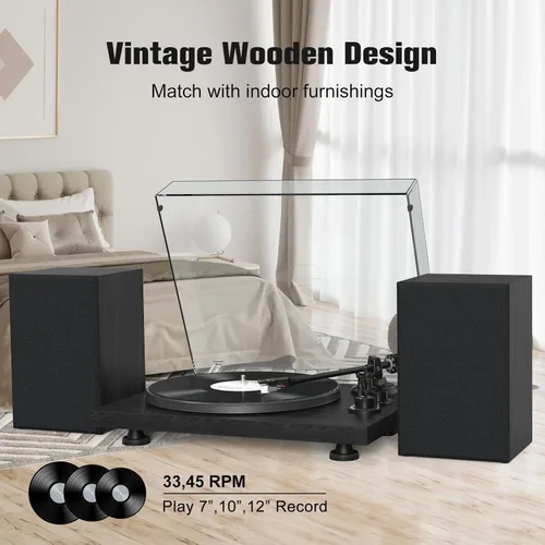 Vista 6 de Udreamer Tocadiscos de vinilo, giradiscos con altavoces de 40W, entrada y salida Bluetooth y grabación USB, tocadiscos LP vintage con cartucho