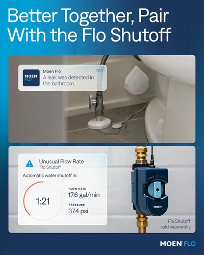 Vista 3 de Moen Flo Detector de fugas de agua inteligente, alarma de sensor de goteo o inundación para el hogar, 1 paquete, blanco, 920-004