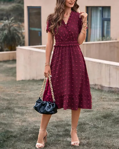 Vista 2 de BTFBM Elegante vestido de verano de manga corta con cuello en V y lunares suizos para mujer, vestido largo bohemio con volantes, vestido de cóctel