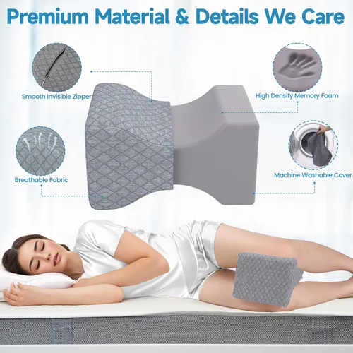 Vista 3 de TranquilRelax Almohada de rodilla para dormir de lado, almohada de espuma viscoelástica, color gris Smooth Pillow for Spine Aligning, Comfortable