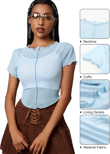 Vista 2 de Allytok Camisetas cortas de malla para mujer, de verano, manga corta, cuello redondo, transparente, Y2K